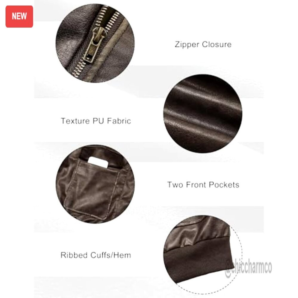 Oversized Faux Leather Bomber Jacket, Zip Up Motorcycle Style, Fall Outerwear - Picture 4 of 7